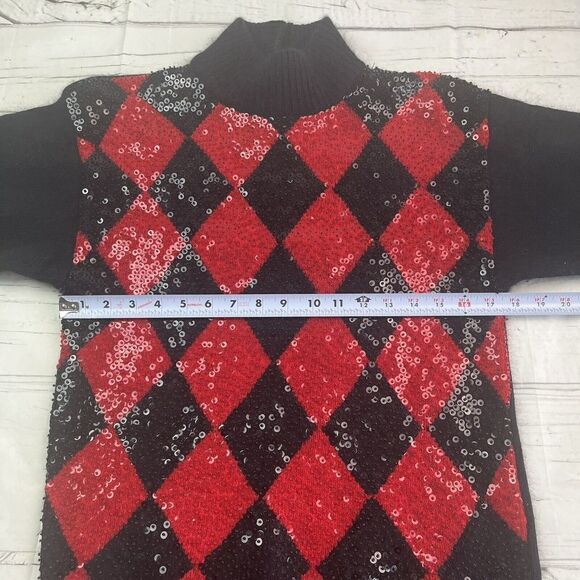 Vintage IB Diffusion Sequin Argyle Mock Neck Sweater Small Silk Wool Red disco - Picture 8 of 11